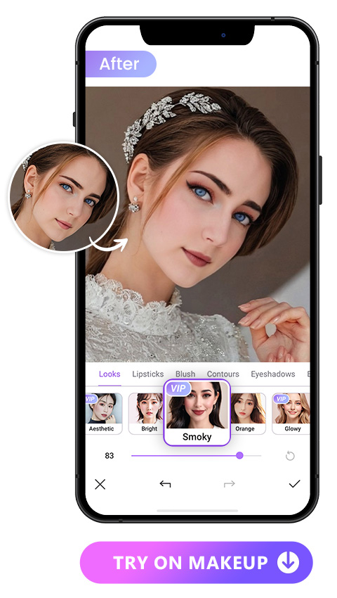virtually try on Smokey makeup look of Vivid Glam for a smokey glam wedding makeup
